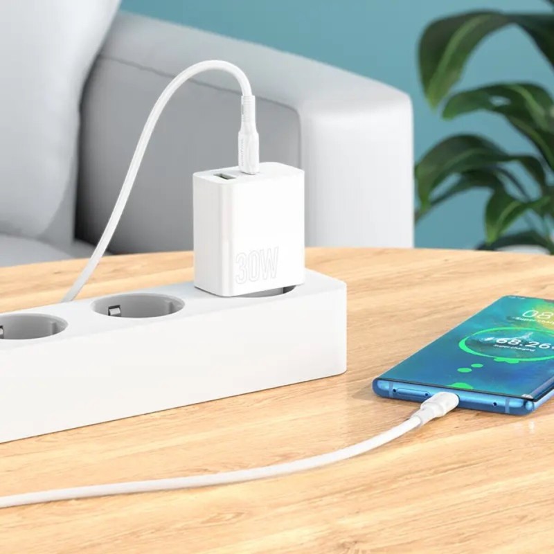 Мережевий зарядний пристрій BOROFONE BA75A Powerful dual port PD30W+QC3.0 charger White