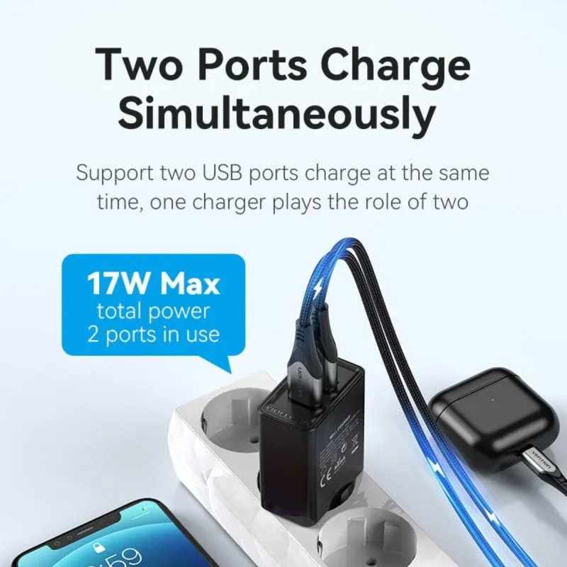 Зарядний пристрій Vention Two-Port USB(A+A) Wall Charger (18W/18W) EU-Plug Black (FBAB0-EU)