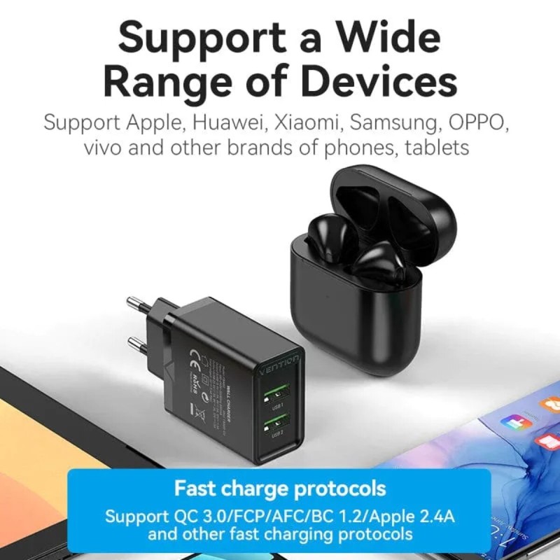 Зарядний пристрій Vention Two-Port USB(A+A) Wall Charger (18W/18W) EU-Plug Black (FBAB0-EU)