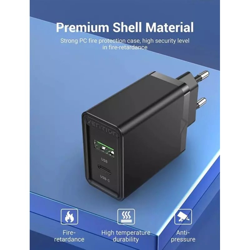 Зарядний пристрій Vention Two-Port USB(A+C) Wall Charger (18W/20W) EU-Plug Black (FBBB0-EU)
