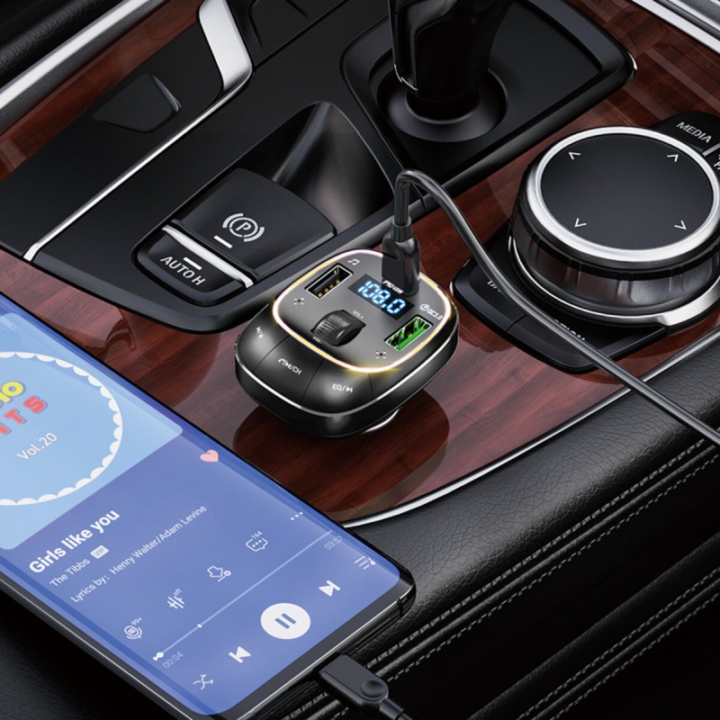 Автомобільний зарядний пристрій HOCO E76 Pole PD45W+QC3.0 car BT FM transmitter Obsidian Black