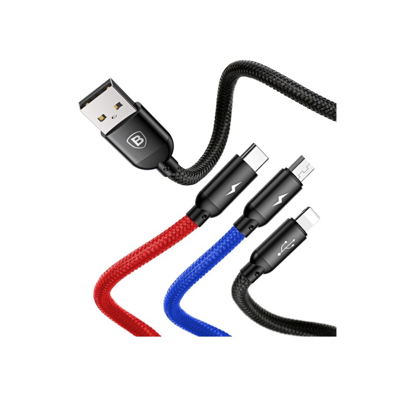 Кабель Baseus Three Primary Colors 3-in-1 Cable USB For M+L+T 3.5A 1.2m Black