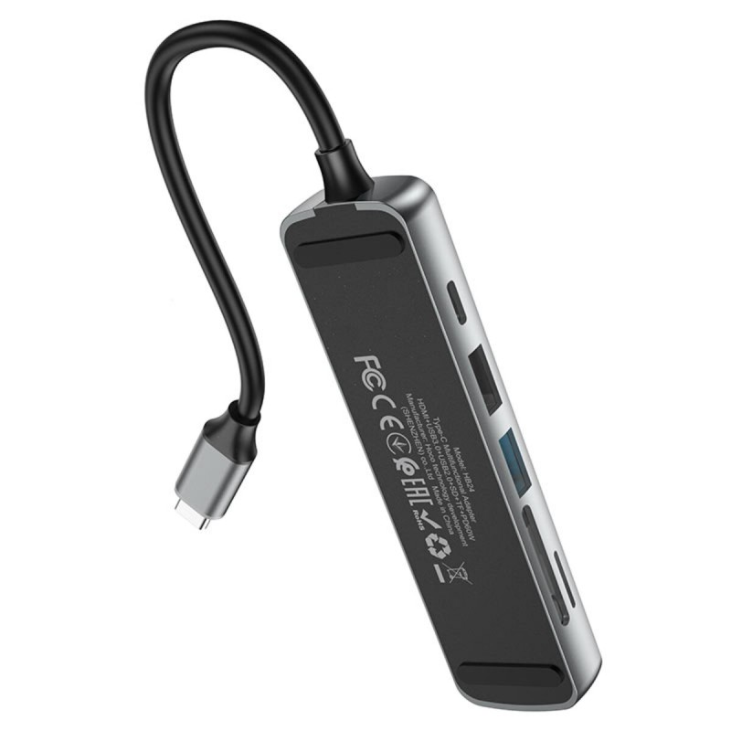 Кабель-перехiдник HOCO HB24 Easy display Type-C multifunction adapter(HDTV+USB3.0+USB2.0+SD+TF+PD) Metal Gray