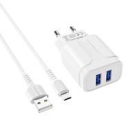 Мережевий зарядний пристрій BOROFONE BA37A Speedy dual port charger(Micro)  White