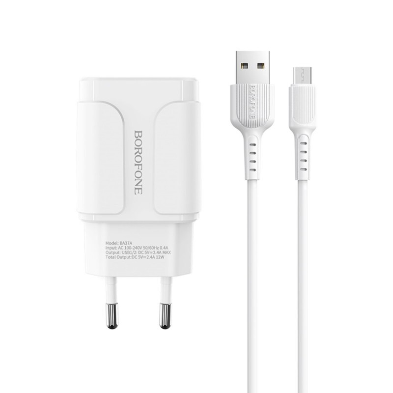 Мережевий зарядний пристрій BOROFONE BA37A Speedy dual port charger(Micro)  White