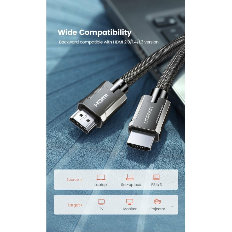 Кабель UGREEN HD135 8K HDMI M/M Round Cable with Braided 2m (Gray) (UGR-70321)