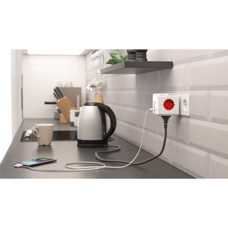 Мережевий розгалужувач Allocacoc PowerCube Original з заземленням 4 розетки 2 USB, червоний