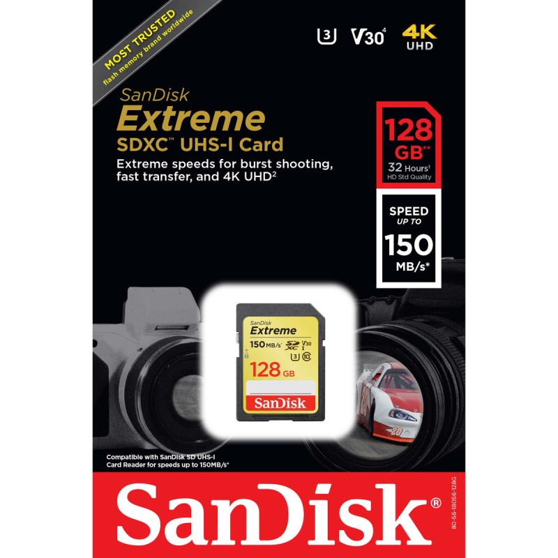 SDXC (UHS-1 U3) SanDisk Extreme 128Gb class 10 V30 (150Mb/s)