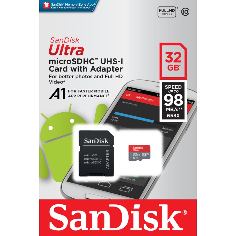 microSDHC (UHS-1) SanDisk Ultra 32Gb class 10 A1 (98Mb/s, 653x) (adapter SD) (SDSQUAR-032G-GN6MA)