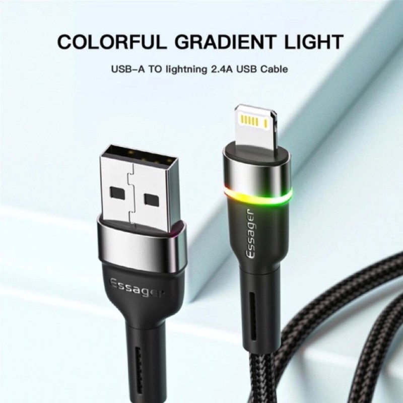 Кабель Essager Colorful LED USB Cable Fast Charging 2.4A USB-A to Lightning 1m black (EXCL-XCD01)