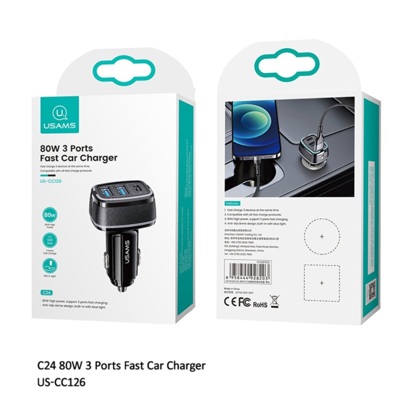 АЗП Usams US-CC142 C24 120W Dual Ports Fast Car Charger Black