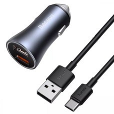 АЗП Baseus Golden Contactor Pro Dual Quick Charger Car Charger U+U 40W With Baseus Simple wiring USB For Type-C 5A 1.0m Dark Gray
