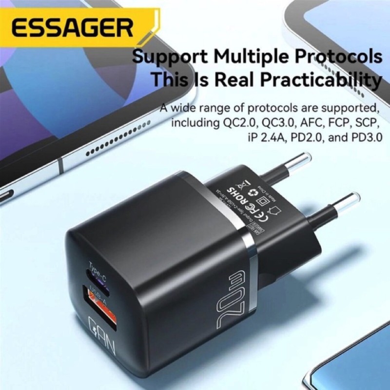 Мережевий зарядний пристрій Essager Camber 20W GaN travel Phone Charger A+C EU  black (ECTAC-HMB01-P)