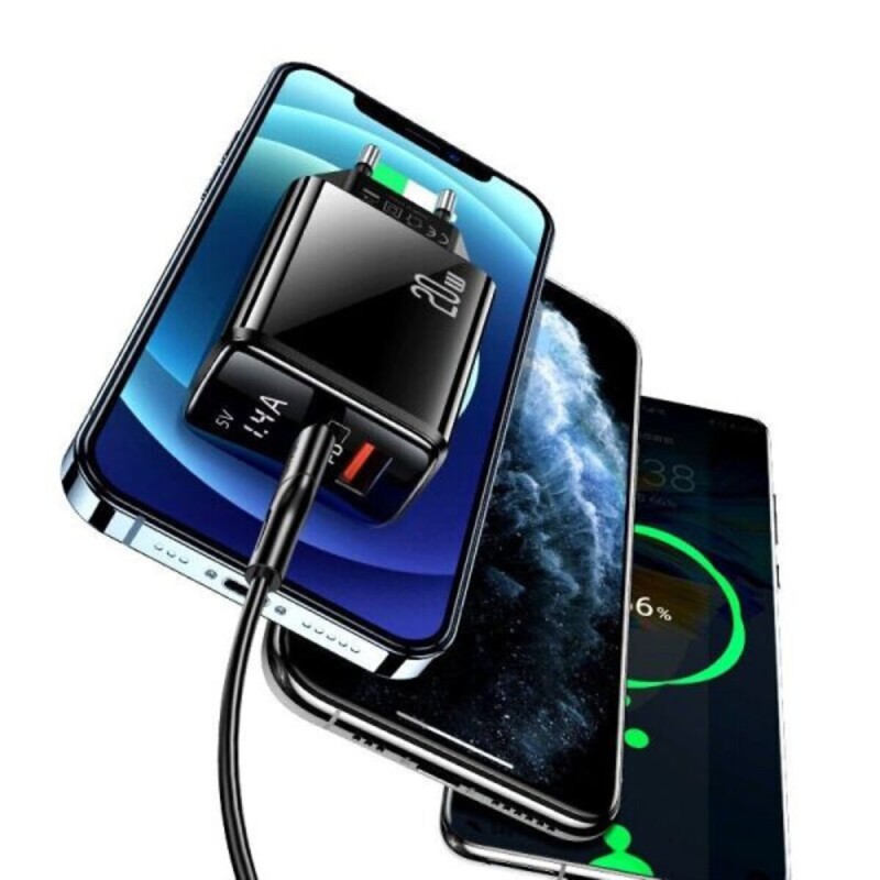 Мережевий зарядний пристрій Usams US-CC133 T40 QC3.0+PD Digital Display Fast Charger (EU) Black