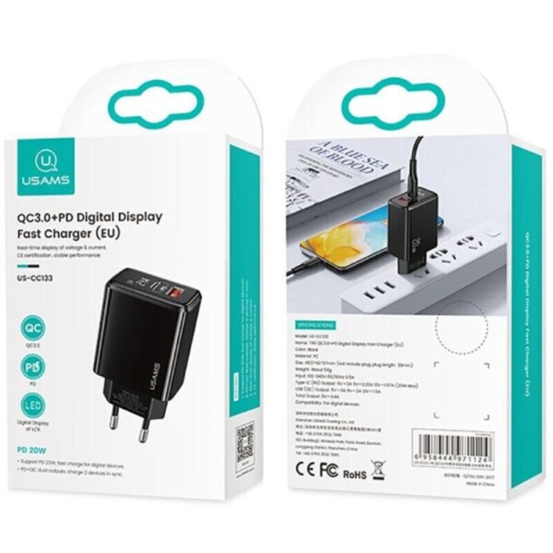 Мережевий зарядний пристрій Usams US-CC133 T40 QC3.0+PD Digital Display Fast Charger (EU) Black