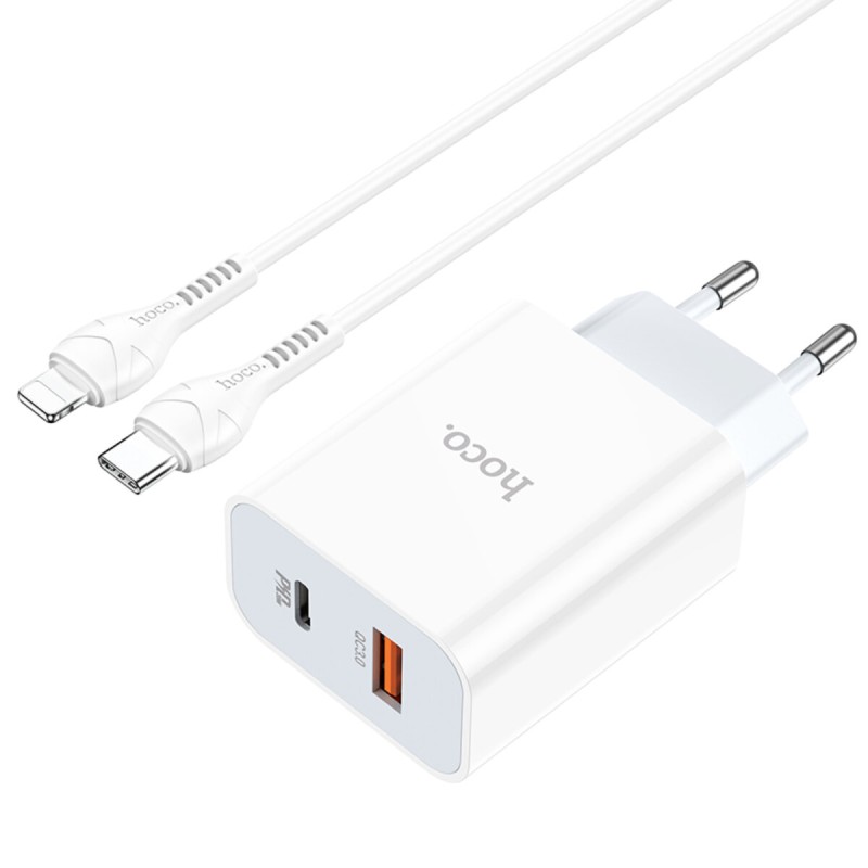 Мережевий зарядний пристрій HOCO C97A PD20W+QC3.0 charger set(Type-C to iP) White
