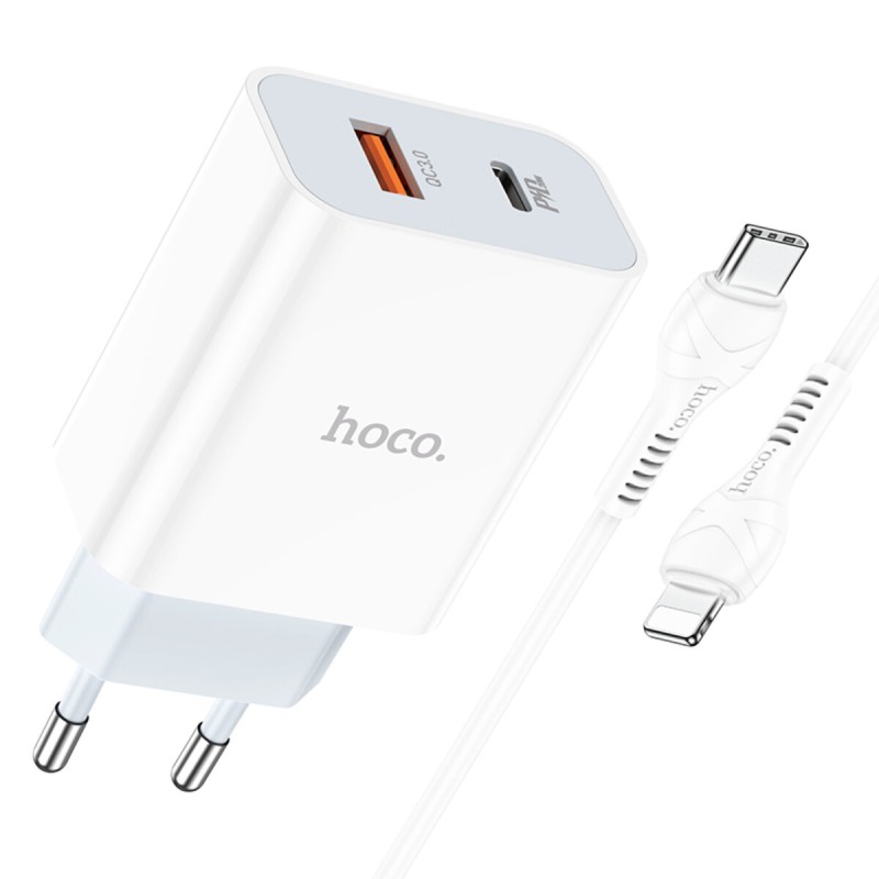Мережевий зарядний пристрій HOCO C97A PD20W+QC3.0 charger set(Type-C to iP) White