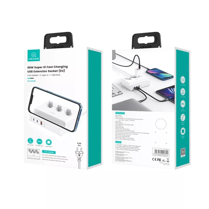 МЗП Usams US-CC160 P1 65W Super Si Fast Charging USB Extension Socket (EU) 3AC Outlets+2C+1U White
