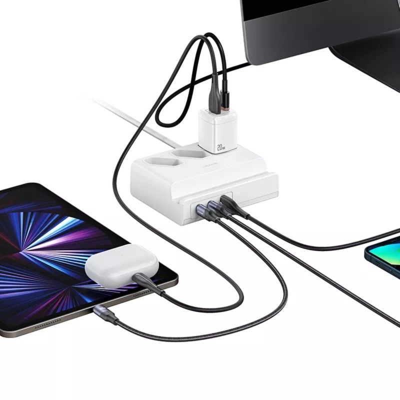 МЗП Usams US-CC160 P1 65W Super Si Fast Charging USB Extension Socket (EU) 3AC Outlets+2C+1U White