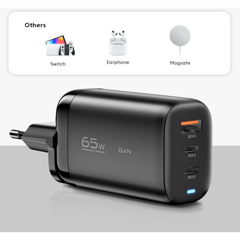 Мережевий зарядний пристрій Essager Shining 65W GaN Travelling Charger 2 Type-c+USB-A EU  black (ECT2CA-MYB01)