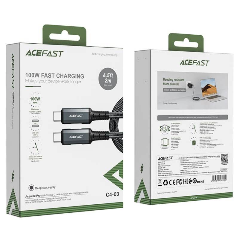 Кабель ACEFAST C4-03 Type-C to Type-C 5A, 100W, 2m, nylon, zinc connectors, Gray