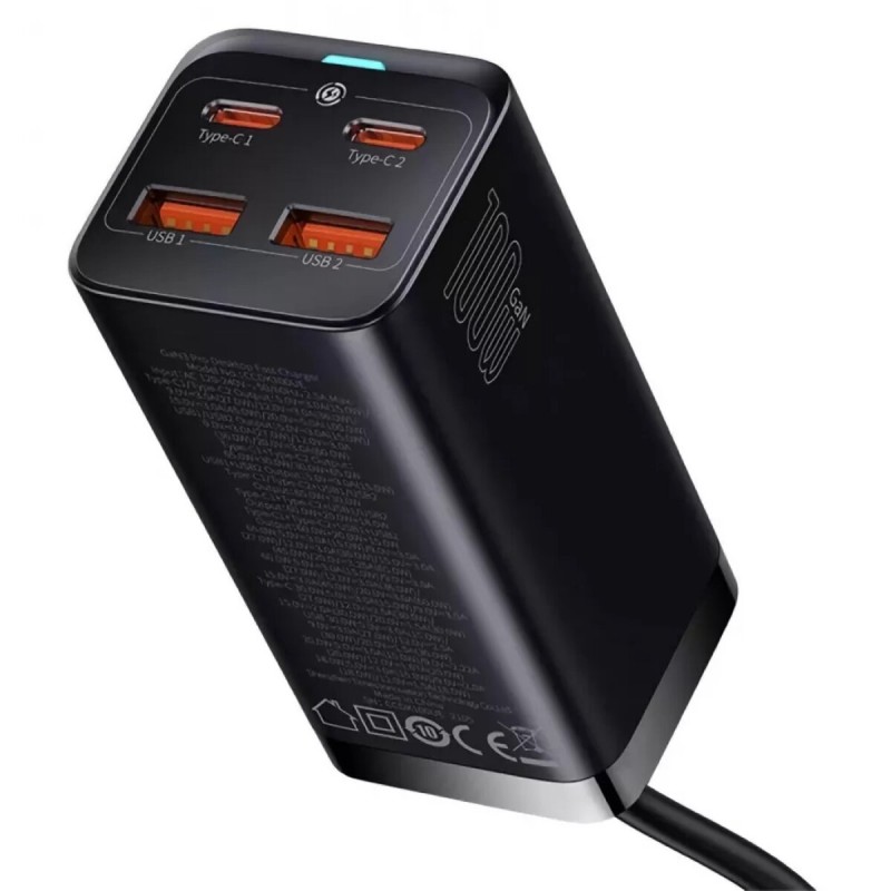 Мережевий зарядний пристрій Baseus GaN3 Pro Desktop Powerstrip AC+2U+2C 100W EU Black (With Mini White Cable Type-C to Type-C 100W(20V/5A) 1m Black）