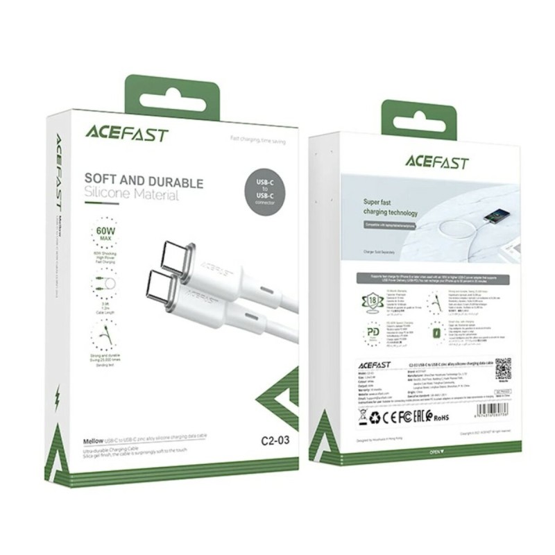 Кабель ACEFAST C2-03 Type-C to Type-C 3A, 60W, 1.2m, silicone, zinc connectors, White