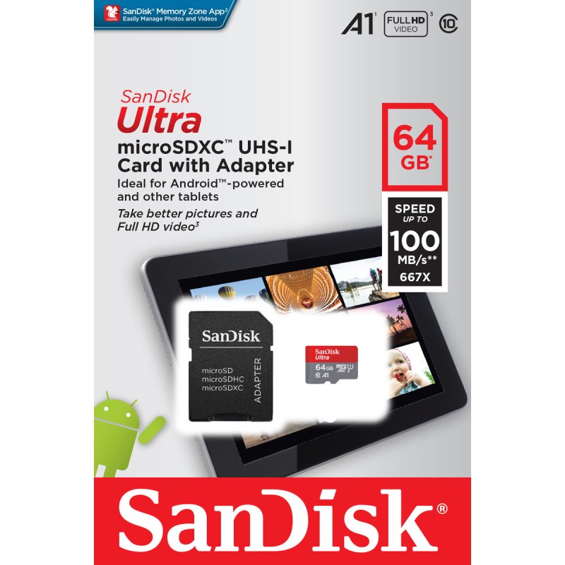 microSDXC (UHS-1) SanDisk Ultra 64Gb class 10 A1 (100Mb/s, 667x) (adapter SD)