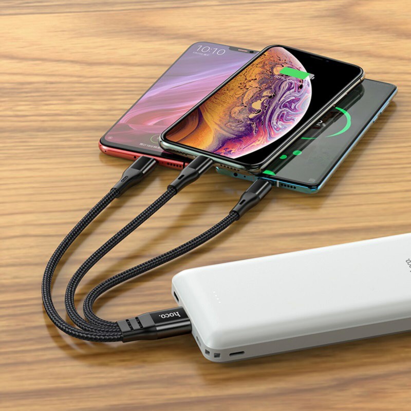 Кабель HOCO X47 USB to iP+Type-C+Micro 2.4A, 0.25m, nylon, aluminum connectors, Black