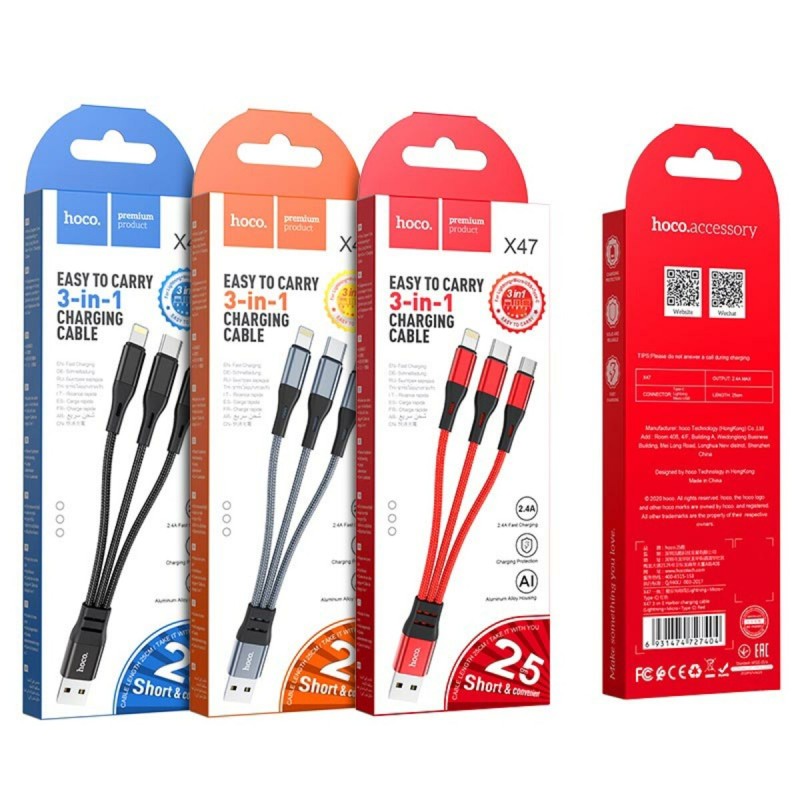 Кабель HOCO X47 USB to iP+Type-C+Micro 2.4A, 0.25m, nylon, aluminum connectors, Black