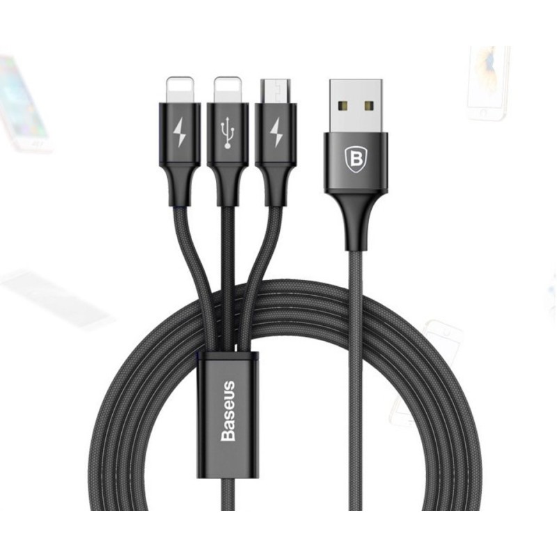 Кабель Baseus Rapid Series 3-in-1 Cable Micro+Dual Lightning 3A 1.2M Black