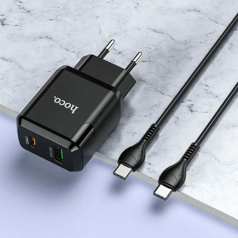 Мережевий зарядний пристрій HOCO N5 Favor dual port PD20W+QC3.0 charger set(Type-C to Type-C) Black