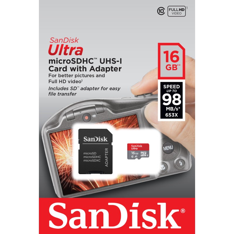 microSDHC (UHS-1) SanDisk Ultra 16Gb class 10 A1 (98Mb/s, 653x) (adapter SD)