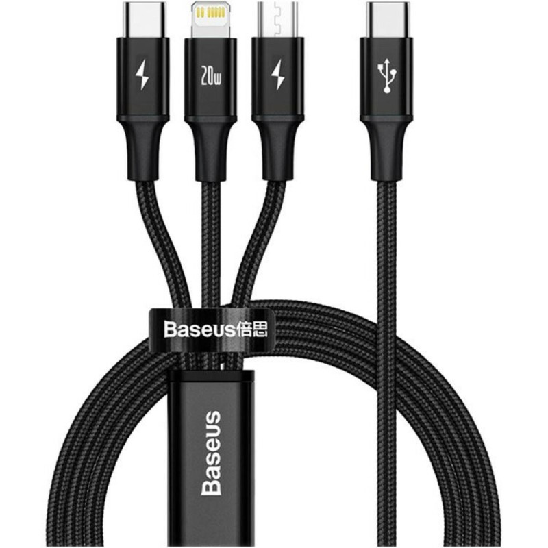 Кабель Baseus Rapid Series 3-in-1 Fast Charging Data Cable Type-C to C+L+M PD 20W 1.5m Black