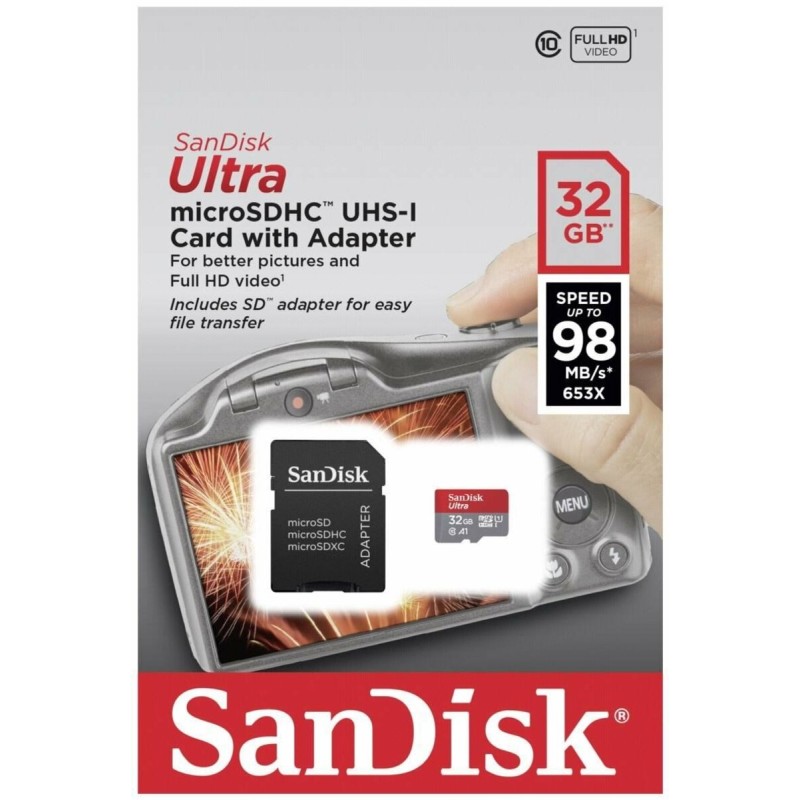 microSDHC (UHS-1) SanDisk Ultra 32Gb class 10 A1 (98Mb/s, 653x) (adapter SD) (SDSQUAR-032G-GN6IA)