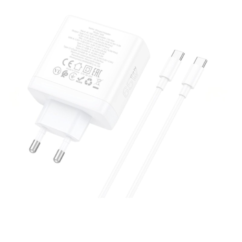 Мережевий зарядний пристрій HOCO N30 Glory PD65W three-port(2C1A) fast charger set(Type-C to Type-C) White