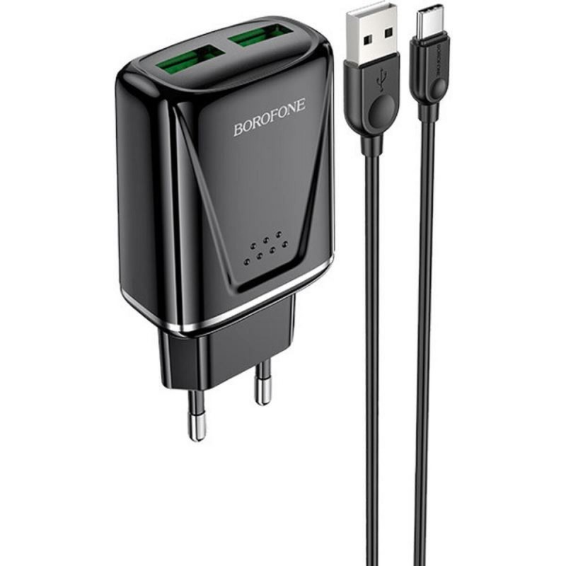 Мережевий зарядний пристрій BOROFONE BA54A Wide road dual port QC3.0 charger (Type-C) 18W Black