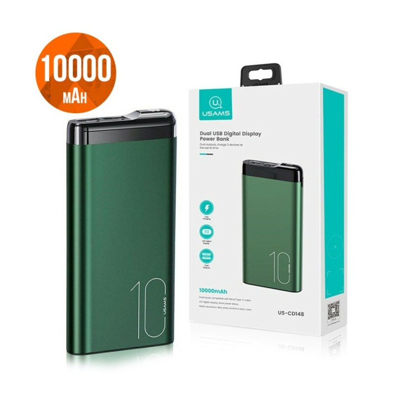 Зовнішній акумулятор Usams US-CD148 PB55 Alloy Digital Display Power Bank 10000mah Dark Green